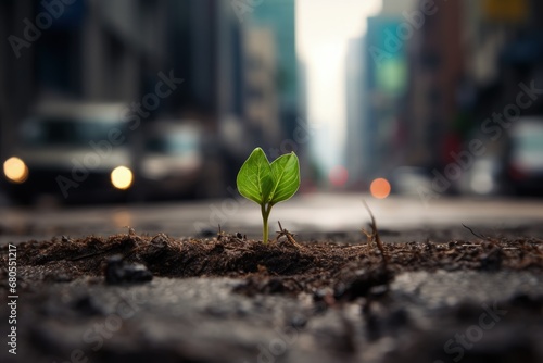 Fresh plant sprout emerging from the asphalt in the middle of the road