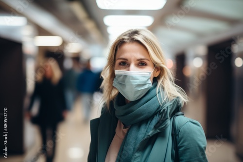 Portrait of a cheerful woman in her 30s wearing a protective neck gaiter against a busy hospital hallway background. AI Generation