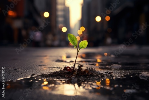 Fresh plant sprout emerging from the asphalt in the middle of the road