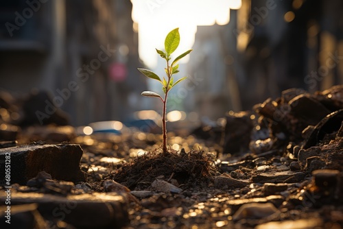 Fresh plant sprout emerging from the asphalt ruined city on the background