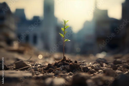 Fresh plant sprout emerging from the asphalt ruined city on the background photo