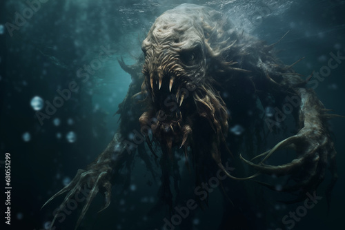 Deep sea monster - underwater - Ocean depths mystery - Copy Space - Mythological creature with open mouth and sharp fangs