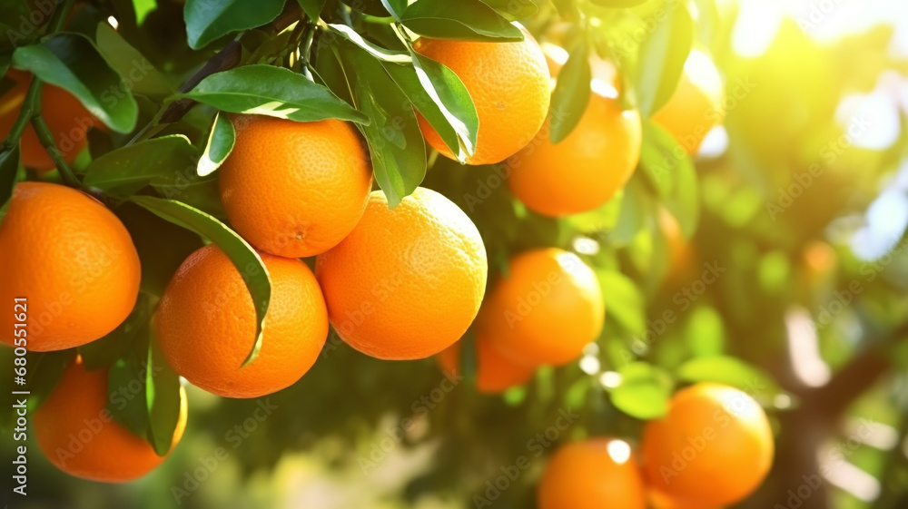 Fresh ripe oranges hanging on trees in orange garden - obrazy, fototapety, plakaty 