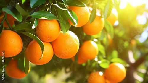 Fresh ripe oranges hanging on trees in orange garden photo