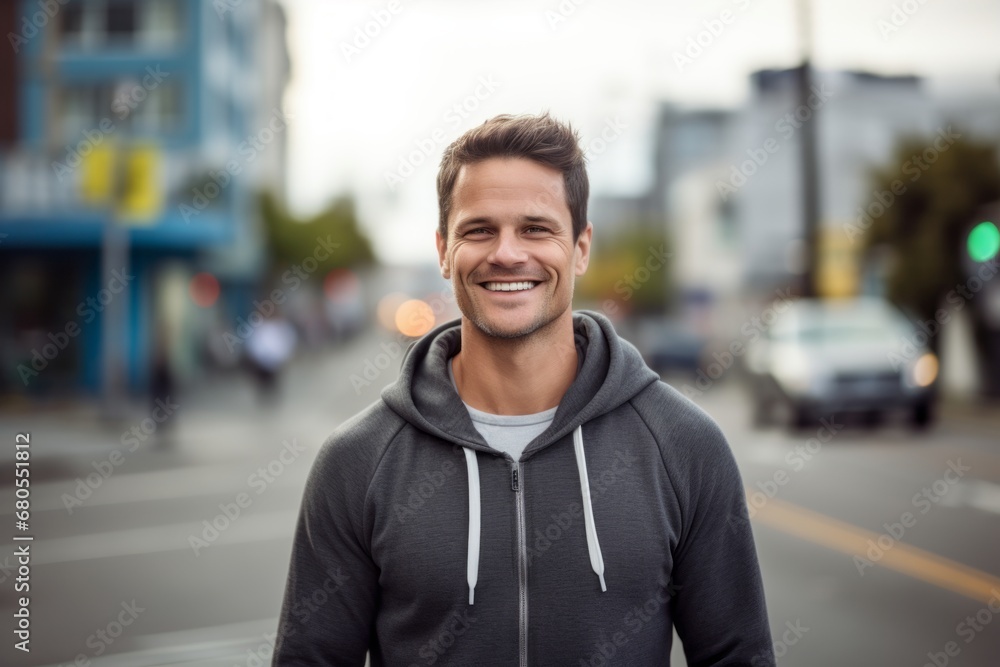 Portrait of a grinning man in his 30s dressed in a comfy fleece pullover against a bustling city street background. AI Generation Portrait of a grinning man in his 30s dressed in a comfy fleece pullover against a bustling city street background. AI Generation