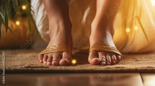A woman's feet in gold sandals on a rug, AI