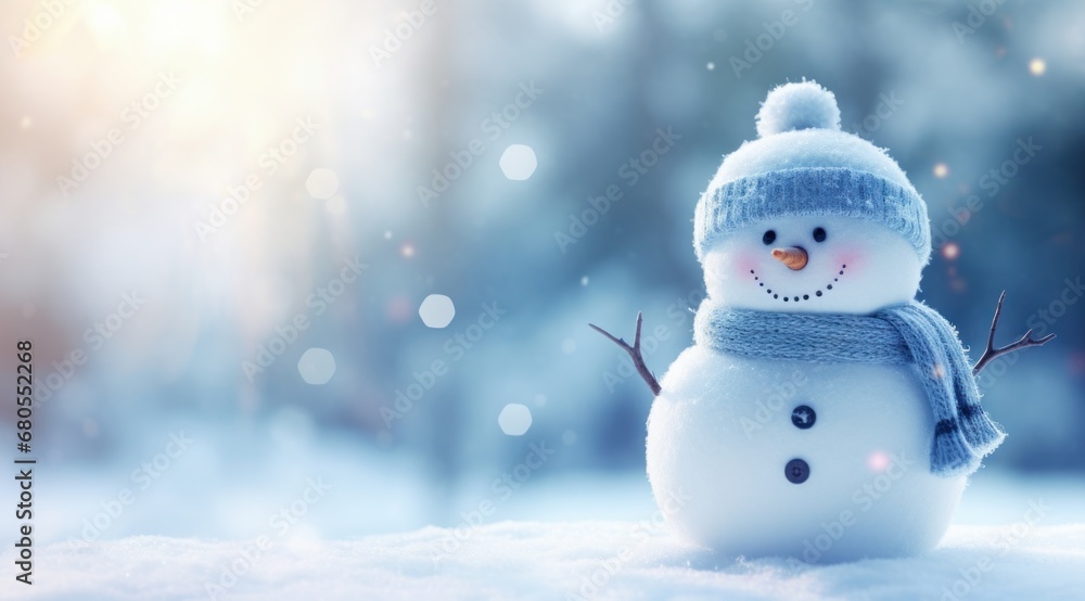 Smiling snowman on a serene snowy day, ideal for winter and holiday marketing. - obrazy, fototapety, plakaty 