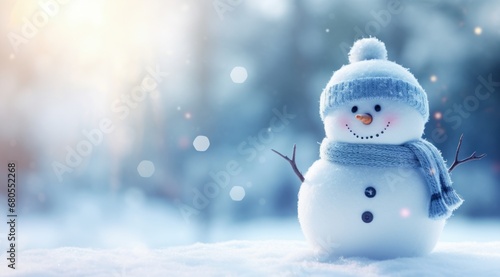 Smiling snowman on a serene snowy day, ideal for winter and holiday marketing. photo