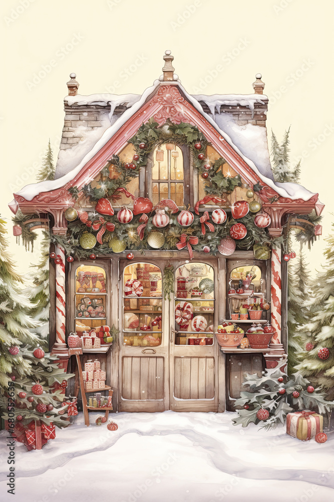 Vintage Christmas sweet shop exterior, with lots of festive candies, snow on the ground and space for text. Digital illustration.