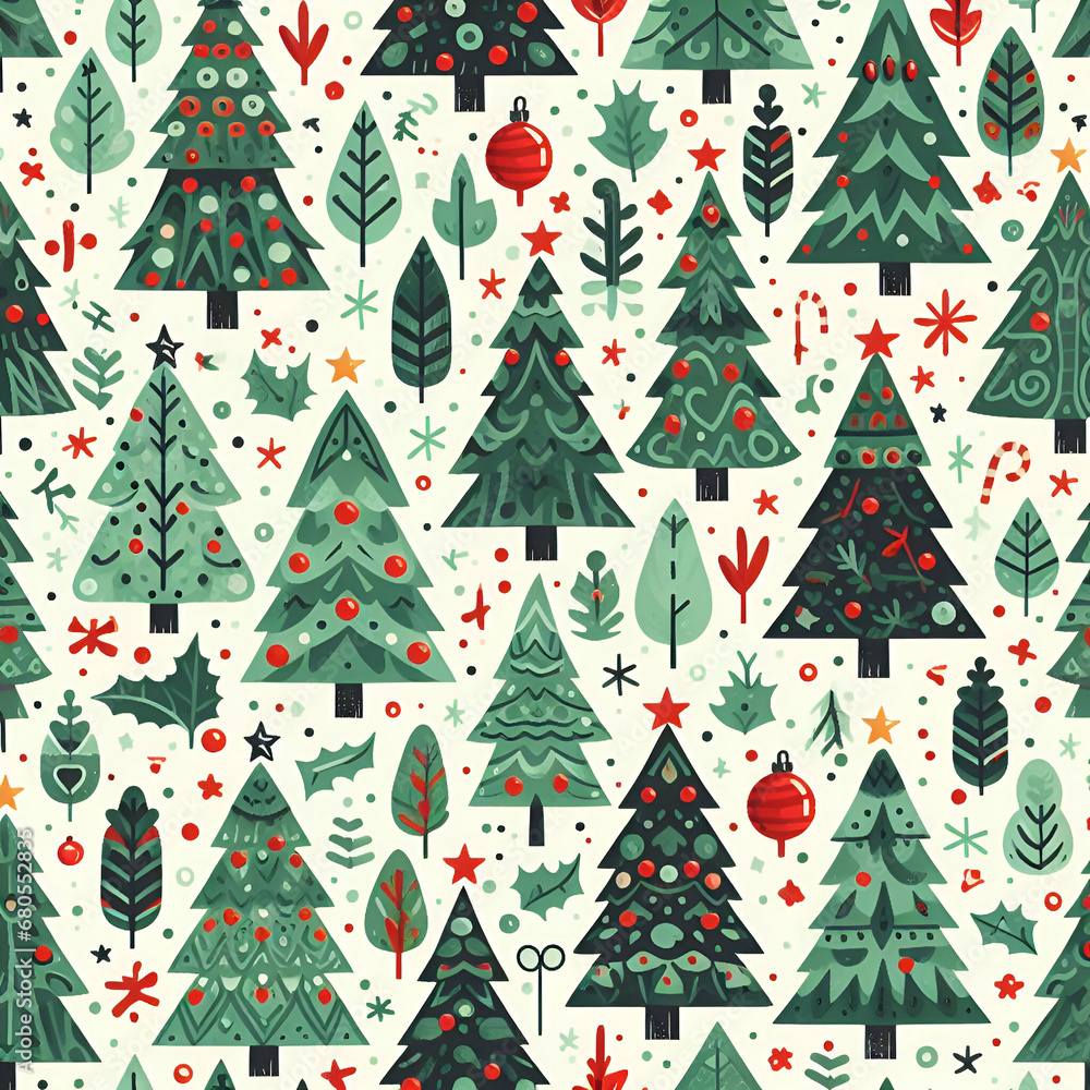 Green and Red Fir Spruce Christmas Tree Woods with a Star, Garland, Leaves, & Glass Balls. Seamless Pattern on Greenish Background. Perfect for Textile Fabric Wallpaper New Year Print Wrapping Design Green and Red Fir Spruce Christmas Tree Woods with a Star, Garland, Leaves, & Glass Balls. Seamless Pattern on Greenish Background. Perfect for Textile Fabric Wallpaper New Year Print Wrapping Design