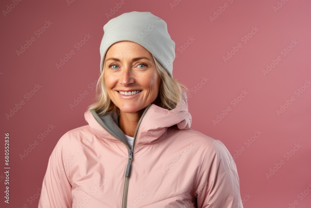 Portrait of a jovial woman in her 40s wearing a windproof softshell against a pastel or soft colors background. AI Generation Portrait of a jovial woman in her 40s wearing a windproof softshell against a pastel or soft colors background. AI Generation