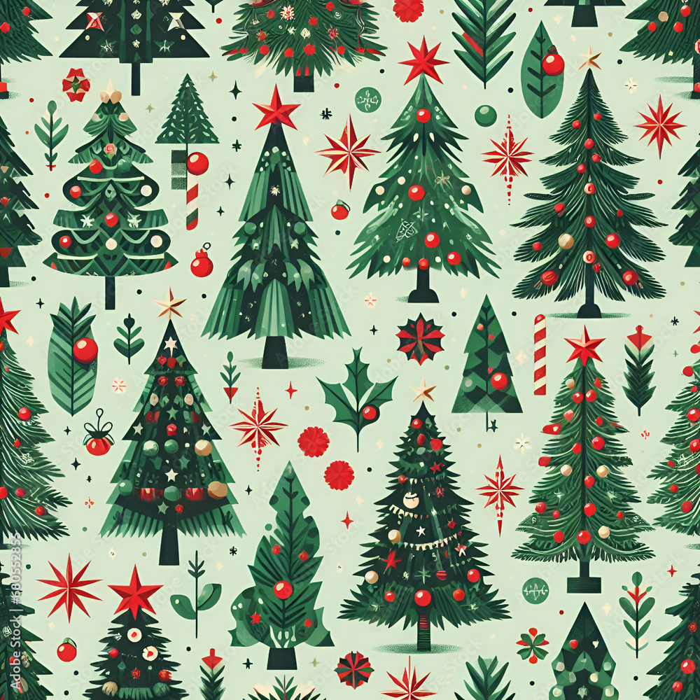 Green and Red Fir Spruce Christmas Tree Woods with a Star, Garland, Leaves, & Glass Balls. Seamless Pattern on Greenish Background. Perfect for Textile Fabric Wallpaper New Year Print Wrapping Design