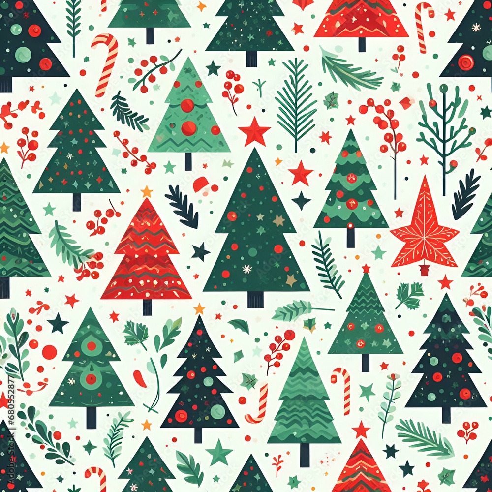 Green and Red Fir Spruce Christmas Tree Woods with a Star, Garland, Leaves, & Glass Balls. Seamless Pattern on Greenish Background. Perfect for Textile Fabric Wallpaper New Year Print Wrapping Design