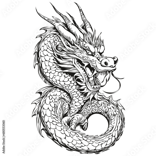 2024 Dragon Year Symbol Sketch and Vintage Engraving, black white isolated Vector ink outlines template for greeting card, poster, invitation, image