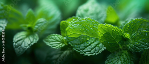 Vivid close-up of green mint leaves.