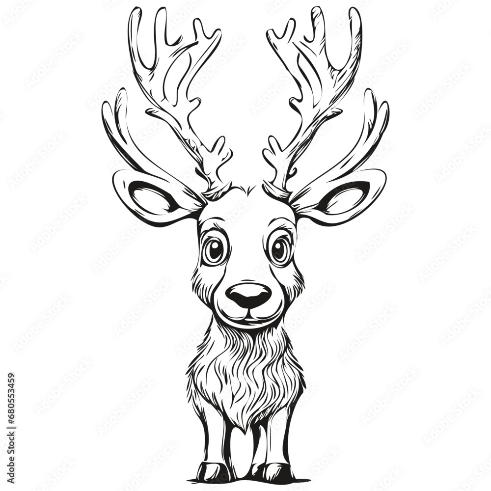 Fototapeta premium Hand Drawn Cartoon Reindeer, deer Vintage Engraving Sketch, black white isolated Vector ink outlines template for greeting card, poster, invitation, banner