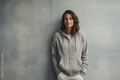 Portrait of a glad woman in her 30s wearing a zip-up fleece hoodie against a minimalist or empty room background. AI Generation