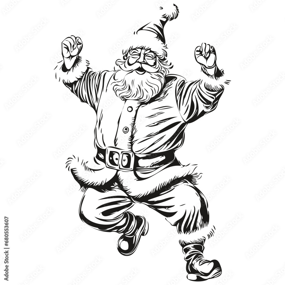 Fototapeta premium Santa Claus dancing Sketch Illustration Detailed Father Christmas Drawing, Classic Style, black white isolated Vector ink outlines template for greeting card, poster, invitation, logo