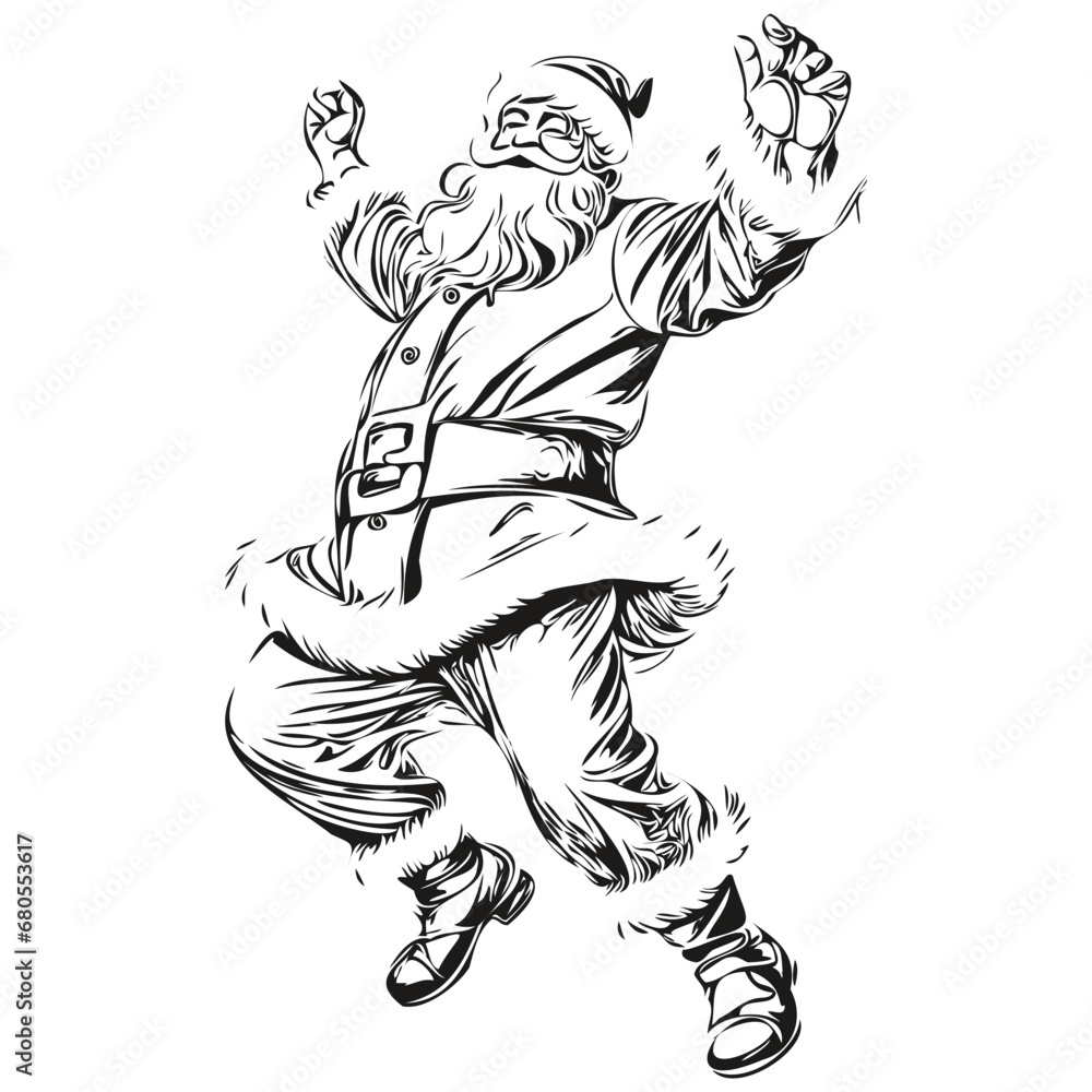 Santa Claus dancing Vector Silhouette Sketch Festive Father Christmas Illustration, Classic Style, black white isolated Vector ink outlines template for greeting card, poster, invitation, logo Santa Claus dancing Vector Silhouette Sketch Festive Father Christmas Illustration, Classic Style, black white isolated Vector ink outlines template for greeting card, poster, invitation, logo