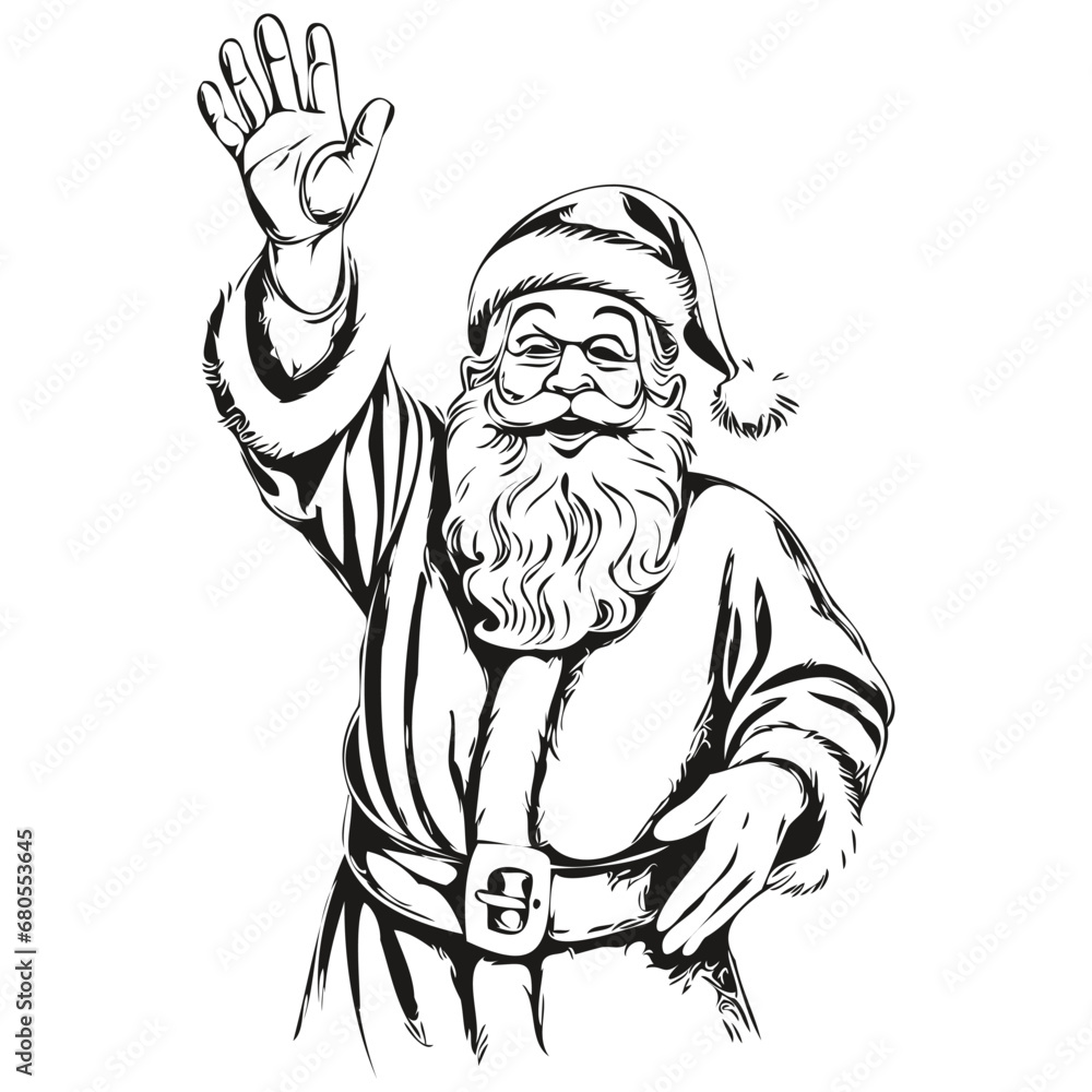 Fototapeta premium Santa Claus Drawing in Black and White Hand-Drawn Engraving, Timeless Sketch Artistry for Holidays, black white isolated Vector ink outlines template for greeting card, poster, invitation, logo