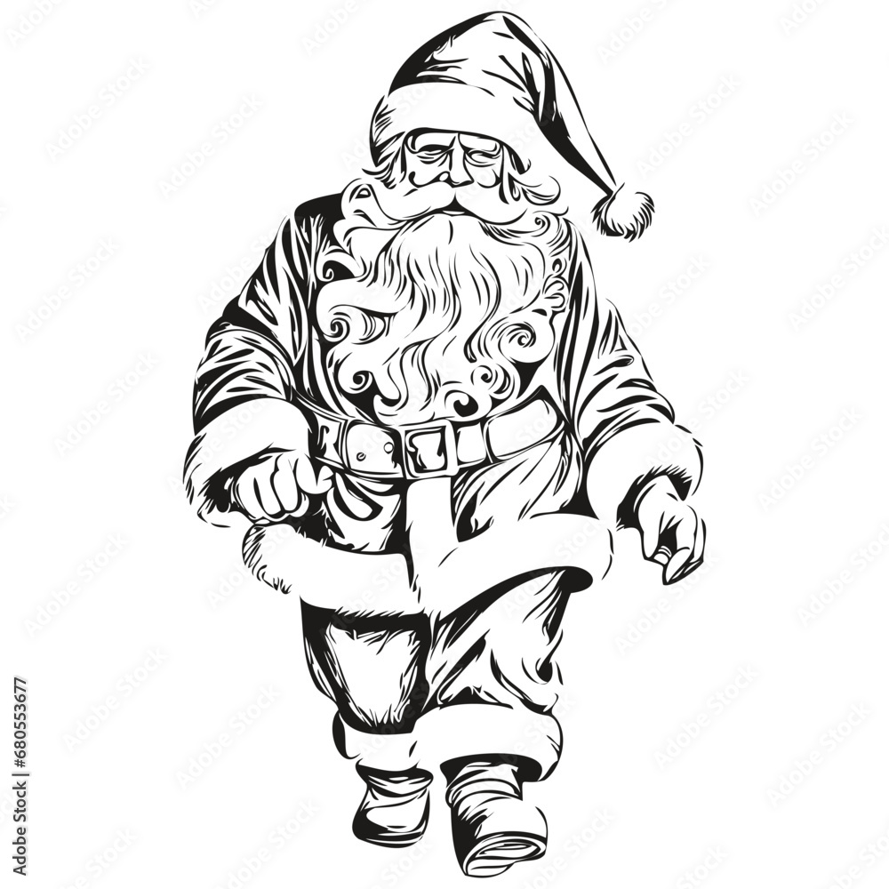 Santa Claus Father Christmas Vector Detailed Sketch, Classic Vintage Style, black white isolated Vector ink outlines template for greeting card, invitation, logo