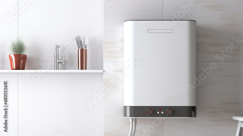 Modern home gas boiler, water heater. An isolated gas stove on white background. Water heating, ecology. Concept lifestyle. photo