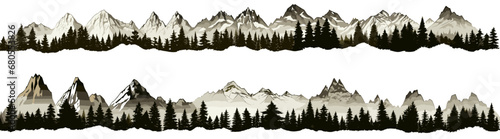 Rocky mountain vector shapes clipart on white background. Wide panoramic view. 