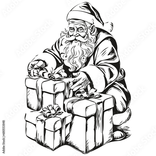 Santa Claus gives gifts Vintage Engraved Silhouette Detailed Sketch, Classic Father Christmas Art, black white isolated Vector ink outlines template for greeting card, poster, invitation, logo