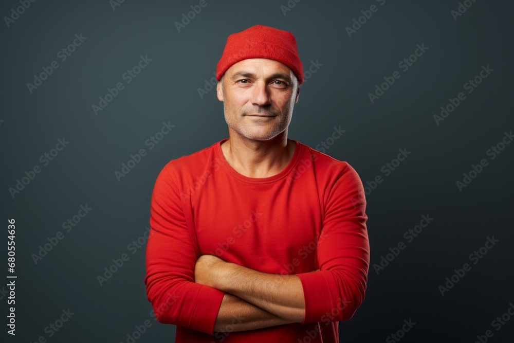 Fototapeta premium Portrait of a satisfied man in his 40s sporting a trendy beanie against a minimalist or empty room background. AI Generation