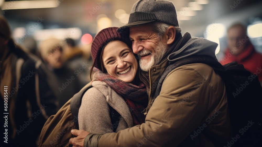 A joyful reunion at an airport, with family members embracing each other tightly. The background is a busy airport terminal, blurred to keep the focus on the emotional reunion. A joyful reunion at an airport, with family members embracing each other tightly. The background is a busy airport terminal, blurred to keep the focus on the emotional reunion.