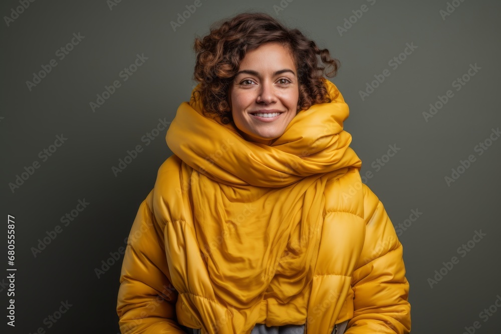 Portrait of a blissful woman in her 30s dressed in a thermal insulation vest against a solid color backdrop. AI Generation Portrait of a blissful woman in her 30s dressed in a thermal insulation vest against a solid color backdrop. AI Generation
