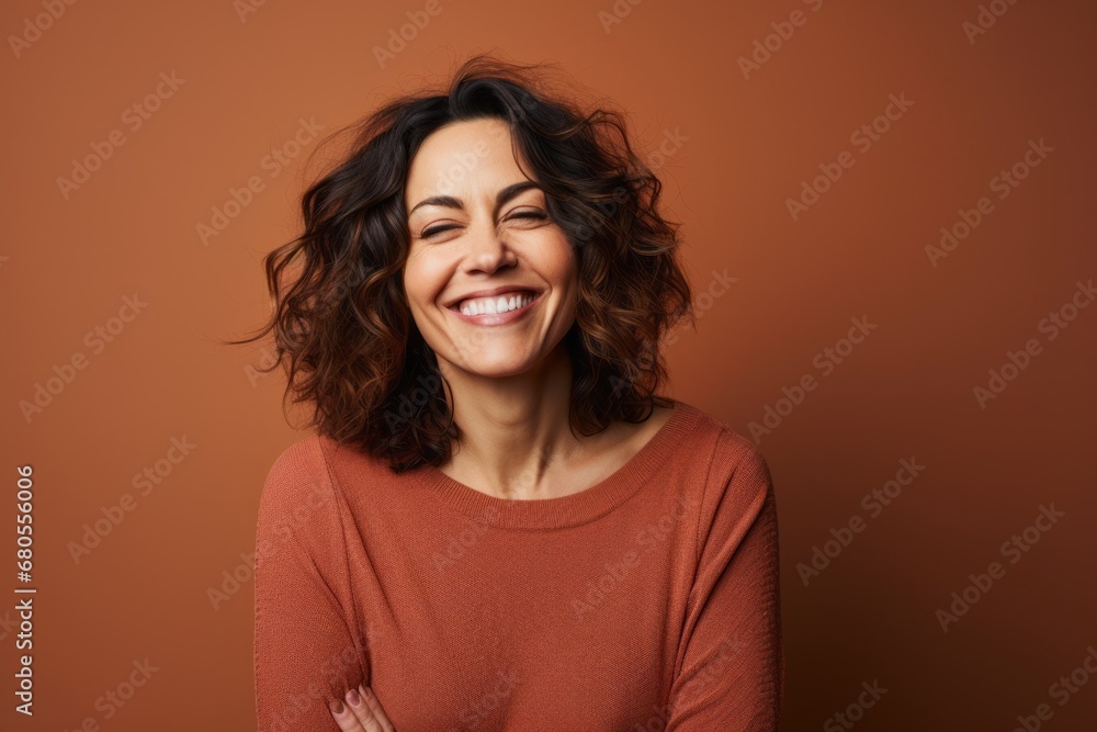 Portrait of a satisfied woman in her 40s wearing a cozy sweater against a solid color backdrop. AI Generation Portrait of a satisfied woman in her 40s wearing a cozy sweater against a solid color backdrop. AI Generation