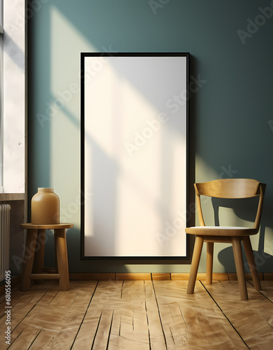 Blank wooden picture frame mockup in modern interior. Vertical template mock up for artwork, painting, photo or poster in interior design, generative AI