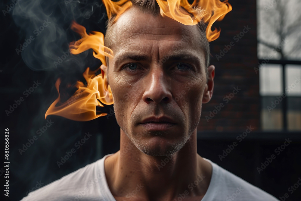 Portrait of an adult man on fire