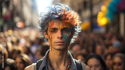 Non-binary gender person in public demonstration on the street. Young man with colorful painted hair and face marching for gay pride and LGBT community. March for human rights. Artist in demonstration