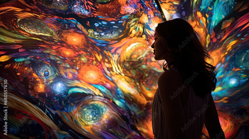 A person in a vibrant, sensory-rich environment, with patterns of light and color swirling around them, representing heightened sensory perception. - obrazy, fototapety, plakaty 