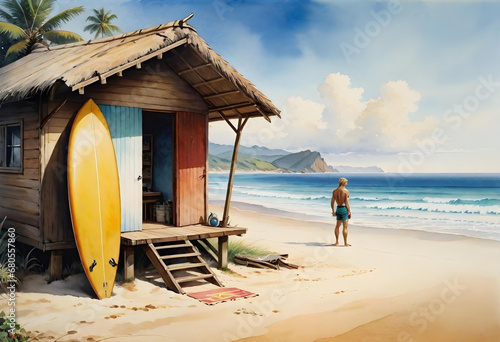 watercolor illustration of a surfer hut at a beautiful beach. generative ai

