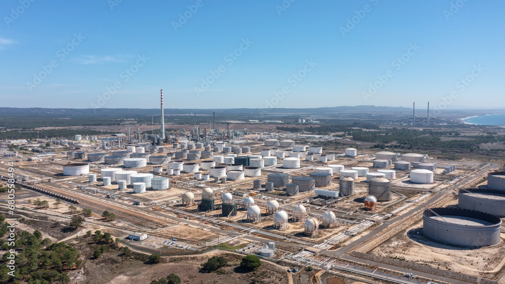 Portugal Sines oil terminal storage tanks, aerial view, oil and gas storage tanks, oil refinery chemical products.