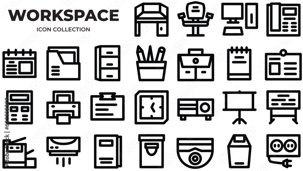 Workspace at office Icons Pack. Line icons set. Flat icon collection set. Simple vector icons