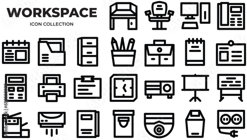 Workspace at office Icons Pack. Line icons set. Flat icon collection set. Simple vector icons photo