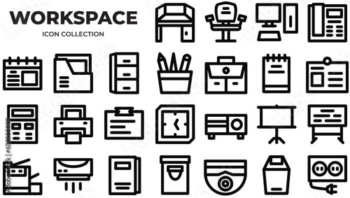 Workspace at office Icons Pack. Line icons set. Flat icon collection set. Simple vector icons