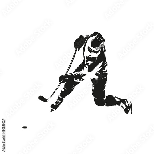 Hockey player shooting puck, isolated vector silhouette. Ice hockey