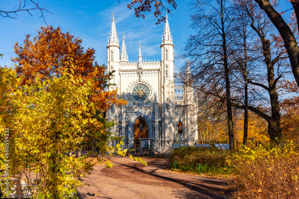 Gothic chapel in Alexandria park in autumn, Peterhof, Saint Petersburg, Russia - obrazy, fototapety, plakaty 
