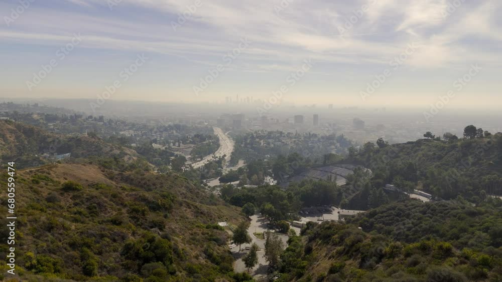 Aerial view over Los Angeles and Hollywood Bowl from Mulholland Drive - Los Angeles Drone footage - aerial photography Aerial view over Los Angeles and Hollywood Bowl from Mulholland Drive - Los Angeles Drone footage - aerial photography