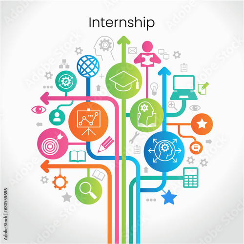 Internship concept. Tree with icons. Concept with icon of goal, skills, knowledge, mentoring, practice, opportunity, and training.