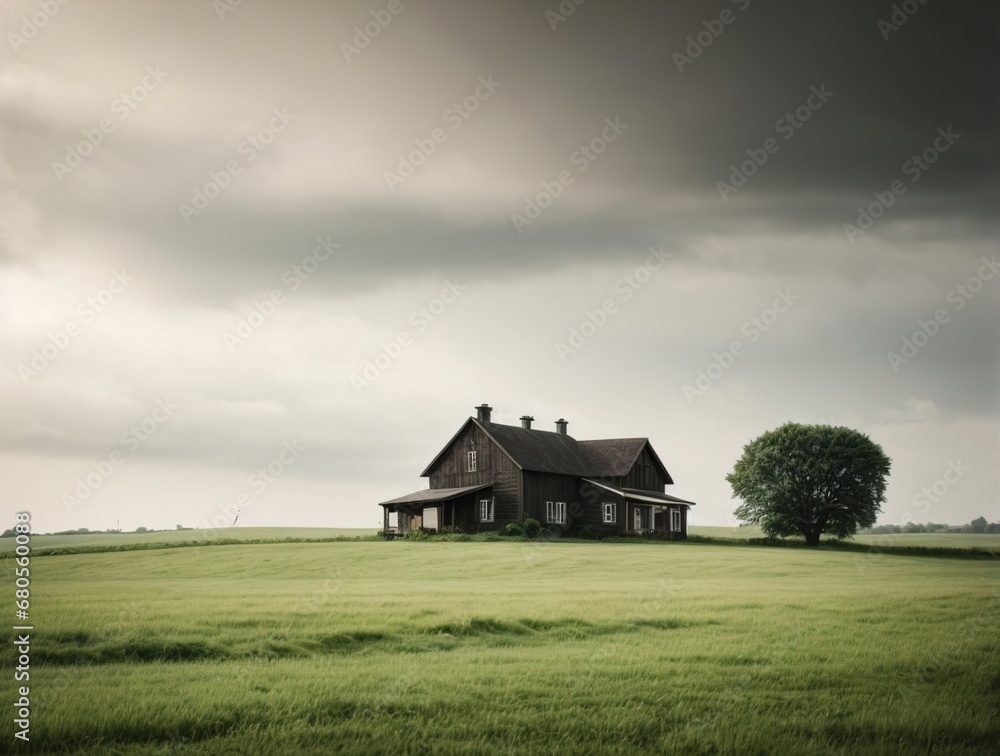 Wooden Farm House in Green Field, Landscape, Illustration, Retro