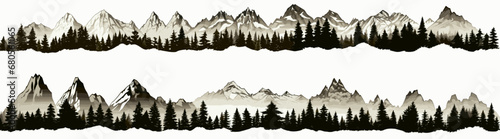 Rocky mountain vector shapes clipart on white background. Wide panoramic view. 