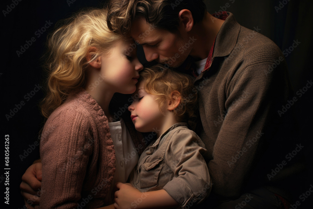 Portrait of a young father hugging his little daughter and son against a dark background, touching portrait that radiates tenderness and protection.. Father's day. Generative AI. Portrait of a young father hugging his little daughter and son against a dark background, touching portrait that radiates tenderness and protection.. Father's day. Generative AI.
