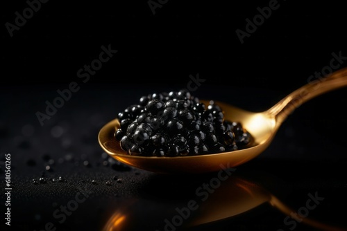 Black caviar wood spoon. Meal nutrition raw food snack. Generate Ai