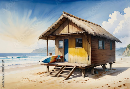 watercolor illustration of a surfer hut at a beautiful beach. generative ai